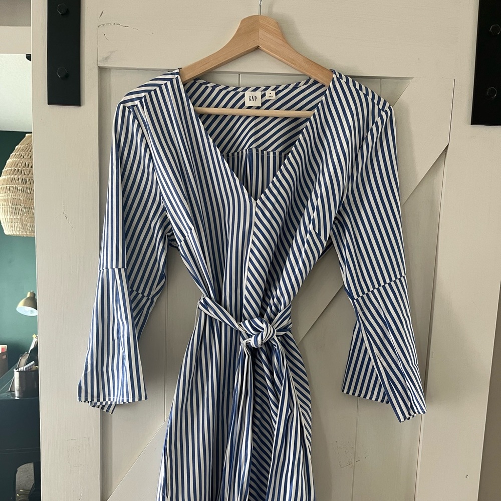 Gap, blue and white stripe shirt dress. Comfortable slight give in fabric.